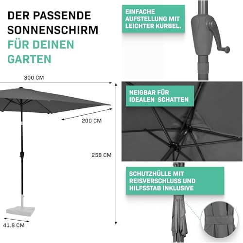 VONROC Sonnenschirm rechteckig 200x300 - Rechteckiger Sonnenschirm für Terasse, Garten, Balkon, Gastro - Knickbar, Kurbel, Wetterfest - Rapallo (Grau) – Bild 4