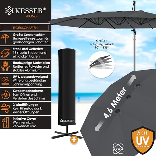 KESSER® Sonnenschirm Doppelsonnenschirm 4,6m x 2,7m | Ampelschirm Abdeckung & Ständer | Kurbelschirm Aluminium wasserabweisend | Neigbar Kippbar 360° Drehbar Anthrazit – Bild 2