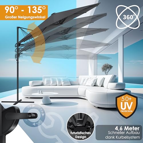 KESSER® Sonnenschirm Doppelsonnenschirm 4,6m x 2,7m | Ampelschirm Abdeckung & Ständer | Kurbelschirm Aluminium wasserabweisend | Neigbar Kippbar 360° Drehbar Anthrazit – Bild 4