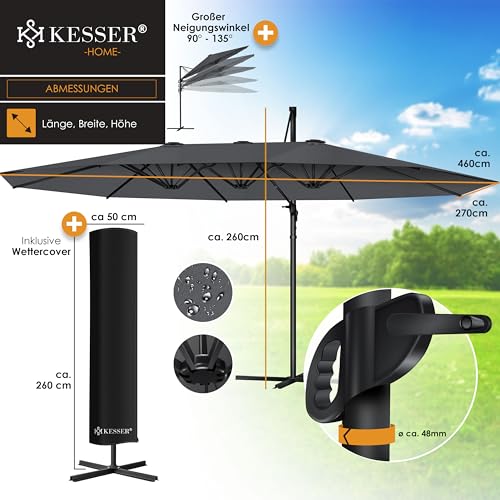 KESSER® Sonnenschirm Doppelsonnenschirm 4,6m x 2,7m | Ampelschirm Abdeckung & Ständer | Kurbelschirm Aluminium wasserabweisend | Neigbar Kippbar 360° Drehbar Anthrazit – Bild 6