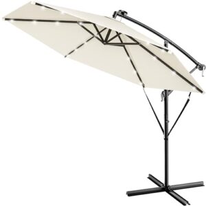 Kingsleeve® Ampelschirm LED Beleuchtung UV Schutz 80 Solar Ständer Schutzhülle 300cm Groß Kurbel Balkon Terrasse Gartenschirm Sonnenschirm Creme