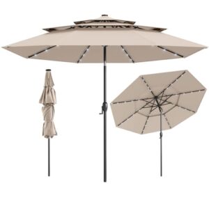 COSTWAY 300 cm Sonnenschirm mit LED-Solar-Beleuchtung, Gartenschirm windfest stabil, Terrassenschirm mit Kurbel, beidseitig um 35° knickbar, Balkonschirm, Marktschirm für Garten, Balkon (Beige)