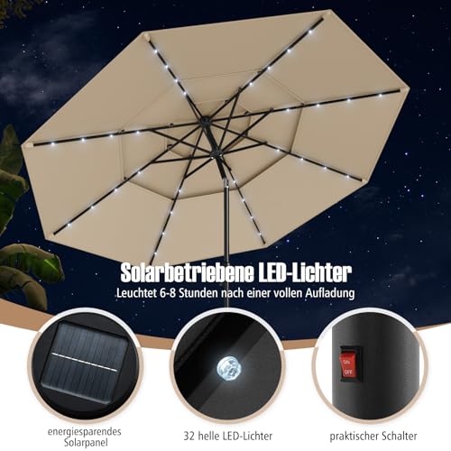 COSTWAY 300 cm Sonnenschirm mit LED-Solar-Beleuchtung, Gartenschirm windfest stabil, Terrassenschirm mit Kurbel, beidseitig um 35° knickbar, Balkonschirm, Marktschirm für Garten, Balkon (Beige) – Bild 3