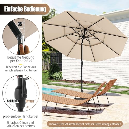 COSTWAY 300 cm Sonnenschirm mit LED-Solar-Beleuchtung, Gartenschirm windfest stabil, Terrassenschirm mit Kurbel, beidseitig um 35° knickbar, Balkonschirm, Marktschirm für Garten, Balkon (Beige) – Bild 4
