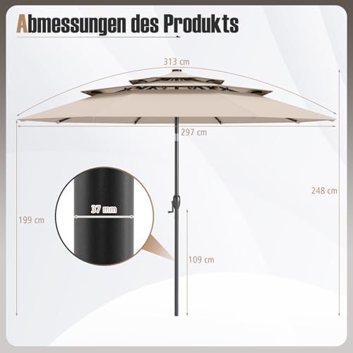COSTWAY 300 cm Sonnenschirm mit LED-Solar-Beleuchtung, Gartenschirm windfest stabil, Terrassenschirm mit Kurbel, beidseitig um 35° knickbar, Balkonschirm, Marktschirm für Garten, Balkon (Beige) – Bild 5
