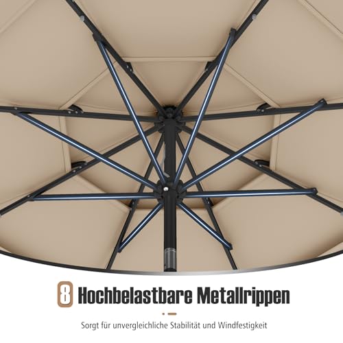 COSTWAY 300 cm Sonnenschirm mit LED-Solar-Beleuchtung, Gartenschirm windfest stabil, Terrassenschirm mit Kurbel, beidseitig um 35° knickbar, Balkonschirm, Marktschirm für Garten, Balkon (Beige) – Bild 7