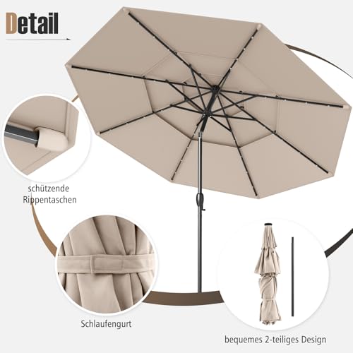 COSTWAY 300 cm Sonnenschirm mit LED-Solar-Beleuchtung, Gartenschirm windfest stabil, Terrassenschirm mit Kurbel, beidseitig um 35° knickbar, Balkonschirm, Marktschirm für Garten, Balkon (Beige) – Bild 8