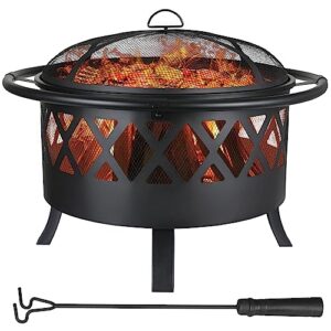 Feuerschale, Feuerschalen für den Garten, Ø 81cm Feuerschale mit Funkenschutz und Schürhaken, Feuerkorb mit Grillrost(Ø 58cm), BBQ Feuerstelle Outdoor, für Gartengrills, Campingheizung, Schwarz, Groß