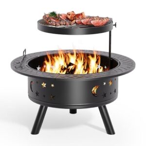 Xbro Feuerschale mit Grillrost und Schürhaken, Ø91 cm Feuerschalen für den Garten, Multifunktional Feuerkorb mit Schürhaken für den Garten, Heizung, Terrasse, Lagerfeuer und Camping, Schwarz