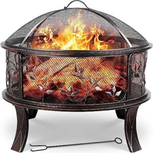 Feuerschalen, Feuerschale mit Funkenschutz, Feuerschale Garten Ø71x65cm, inkl. Poker & Kohlerost, Feuerkorb Retro-Look, Feuerstelle für Garten Camping Strand - Blumen Grasmuster