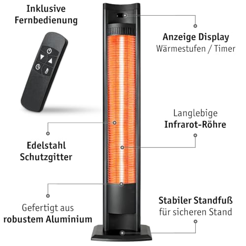 WALTER Professional Infrarot Standheizstrahler 2000 W, Hightech Wärmestrahler für Garten und Terrasse, Infrarot Heizstrahler, energieeffiziente Karbon-Infrarot Technologie, mit Fernbedienung – Bild 2
