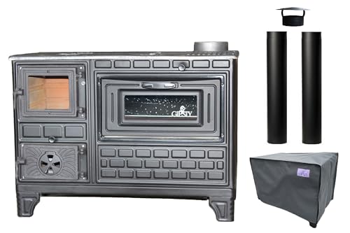 Giesty® Outdoor-Küchenofen Terrassenofen, Outdoorküche Gartenküche Holzofen Ofen mit Holz Holzkohle, Garten-Kamin, Outdoor-Küchenherd, Kuzine Soba (Glastür 2 Rohre wasserdichte Abdeckung)