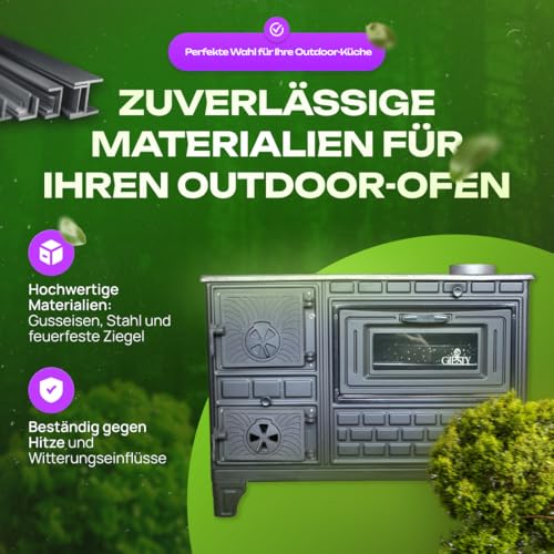 Giesty® Outdoor-Küchenofen Terrassenofen, Outdoorküche Gartenküche Holzofen Ofen mit Holz Holzkohle, Garten-Kamin, Outdoor-Küchenherd, Kuzine Soba (Glastür 2 Rohre wasserdichte Abdeckung) – Bild 2