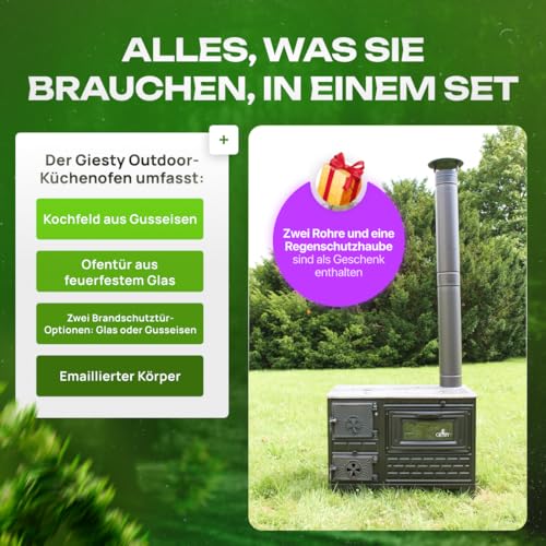 Giesty® Outdoor-Küchenofen Terrassenofen, Outdoorküche Gartenküche Holzofen Ofen mit Holz Holzkohle, Garten-Kamin, Outdoor-Küchenherd, Kuzine Soba (Glastür 2 Rohre wasserdichte Abdeckung) – Bild 5
