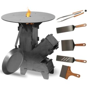 Czaja® Raketenofen inkl. Grillplatte, Eisen Bratpfanne und 5-tlg Grillbesteck | Rocket Stove Stecksystem aus 3 mm dickem Stahl, Hobo Kocher, Camping Campingkocher Campinggrill Made in Germany