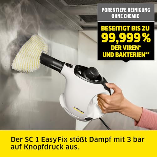 Kärcher Dampfreiniger SC 1 EasyFix, Dampfdruck: 3 bar, Aufheizzeit: 3 min., Leistung: 1.200 W, Flächenleistung: 20 m², Tank: 200 ml, mit Bodenreinigungsset EasyFix, Düsen und Mikrofaserbezug, Weiss – Bild 2