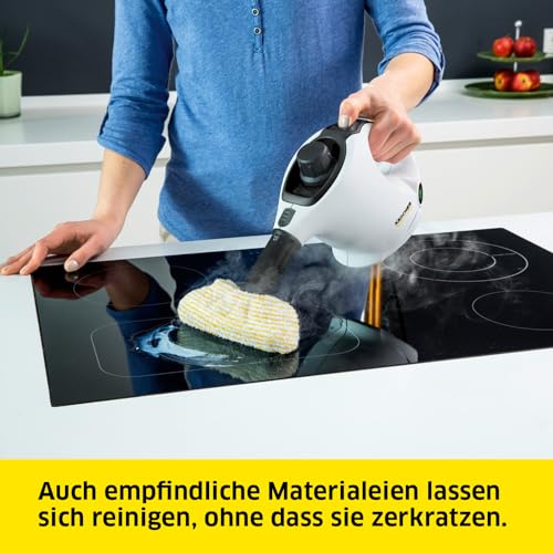 Kärcher Dampfreiniger SC 1 EasyFix, Dampfdruck: 3 bar, Aufheizzeit: 3 min., Leistung: 1.200 W, Flächenleistung: 20 m², Tank: 200 ml, mit Bodenreinigungsset EasyFix, Düsen und Mikrofaserbezug, Weiss – Bild 5