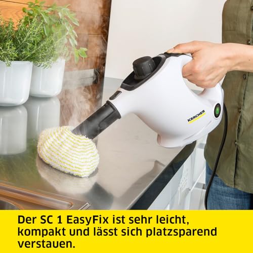 Kärcher Dampfreiniger SC 1 EasyFix, Dampfdruck: 3 bar, Aufheizzeit: 3 min., Leistung: 1.200 W, Flächenleistung: 20 m², Tank: 200 ml, mit Bodenreinigungsset EasyFix, Düsen und Mikrofaserbezug, Weiss – Bild 7