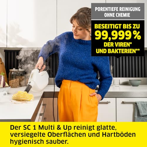 Kärcher Dampfreiniger SC 1 Multi & Up, Aufheizzeit: 30 s, Flächenleistung: ca. 30 m², Tank: 0,2 l, Gewicht: 1,6 kg, Bodendüse EasyFix Large, 1 Mikrofaser-Bodentuch Large, Entkalkungskartusche – Bild 2