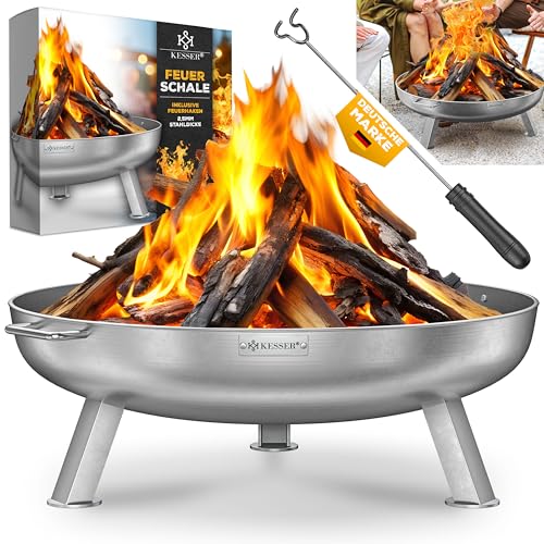KESSER® Feuerschale 2,5mm Stahldicke | Feuerkorb Ø70cm Edelstahl | Feuertonne 42cm Feuerhaken Gusseisen Wasserablauf & 2 stabile Griffe Holz & Kohle Feuerstelle für Lagerfeuer Garten & Terrasse