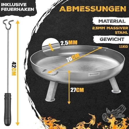 KESSER® Feuerschale 2,5mm Stahldicke | Feuerkorb Ø70cm Edelstahl | Feuertonne 42cm Feuerhaken Gusseisen Wasserablauf & 2 stabile Griffe Holz & Kohle Feuerstelle für Lagerfeuer Garten & Terrasse – Bild 2