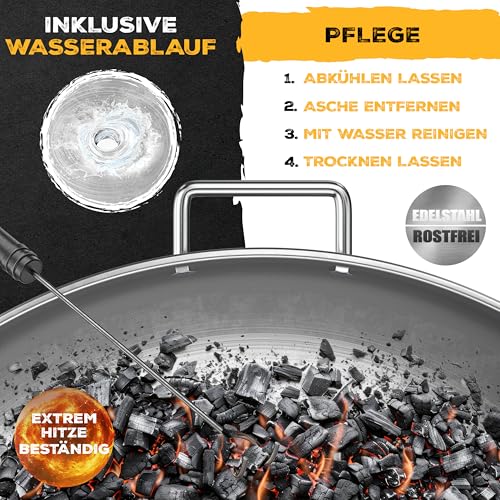 KESSER® Feuerschale 2,5mm Stahldicke | Feuerkorb Ø70cm Edelstahl | Feuertonne 42cm Feuerhaken Gusseisen Wasserablauf & 2 stabile Griffe Holz & Kohle Feuerstelle für Lagerfeuer Garten & Terrasse – Bild 6