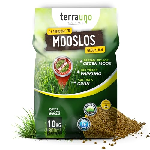 TerraUno Rasendünger Herbst Mooslos Glücklich, Moosfrei in 3 Tagen, 10 kg für 300 m², Eisendünger gegen Moos, extrafeines Granulat, Herbstdünger Rasen, Dünger für den Streuwagen