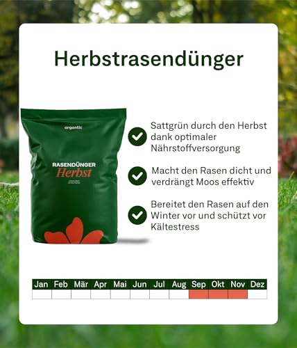 organtic Herbstrasendünger 20kg - Rasendünger mit Kalium für Herbst & Winter - Unterstützt sattgrünen Rasen, Moosverdrängung & starke Rasengräser - Für organische Rasenpflege im Garten – Bild 2