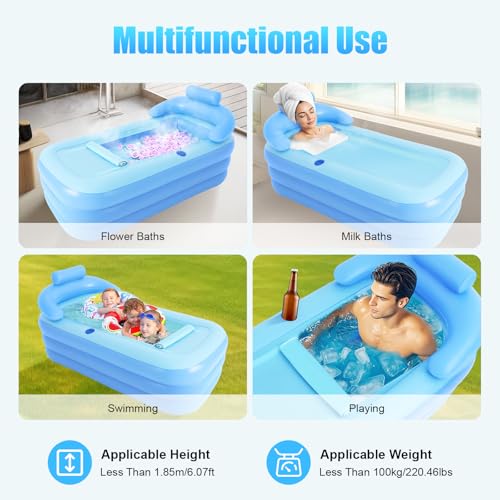 soudesileim 255L badewanne Aufblasbar - Klappbadewanne Für Erwachsene, Entworfen Mit Kopfstütze, Getränkehalter, Für Indoor Und Outdoor, Home Spa und Eisbad, 160x84x64cm – Bild 3