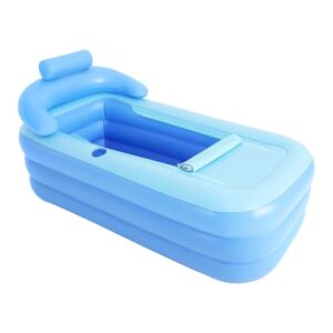 OUKANING Aufblasbare Badewanne Erwachsene 160x84x64cm, Faltbare Badewanne mit Abdeckung, Inflatable Bathtub mit Entwässerung, Massage Boden, Getränkehalter und verstellbarem Kopfkissen, Blau