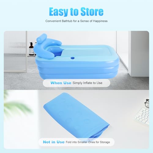 OUKANING Aufblasbare Badewanne Erwachsene 160x84x64cm, Faltbare Badewanne mit Abdeckung, Inflatable Bathtub mit Entwässerung, Massage Boden, Getränkehalter und verstellbarem Kopfkissen, Blau – Bild 4