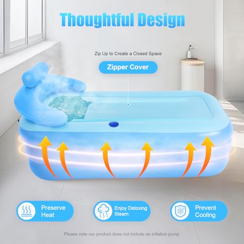 OUKANING Aufblasbare Badewanne Erwachsene 160x84x64cm, Faltbare Badewanne mit Abdeckung, Inflatable Bathtub mit Entwässerung, Massage Boden, Getränkehalter und verstellbarem Kopfkissen, Blau – Bild 6