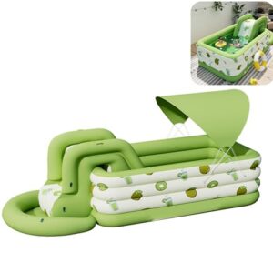 Aufblasbarer Swimmingpool, Rechteckiger 4-lagiger Außenpool mit Sonnenschutz und Rutsche, Verdicktes PVC Aufstellplanschbecken mit Zubehör für Garten und Hunde