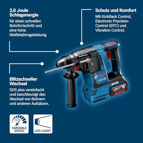 Bosch Professional 18V System Akku Bohrhammer GBH 18V-26 (SDS Plus, Bohr-Ø max: Beton/Stahl/Holz 26/13/30mm, inkl. Zusatzhandgriff, Tiefenanschlag 210mm, Maschinentuch, L-BOXX, ohne Akku/ Ladegerät) – Bild 5