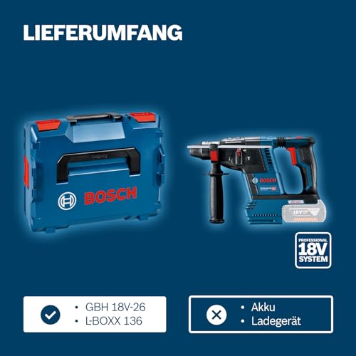 Bosch Professional 18V System Akku Bohrhammer GBH 18V-26 (SDS Plus, Bohr-Ø max: Beton/Stahl/Holz 26/13/30mm, inkl. Zusatzhandgriff, Tiefenanschlag 210mm, Maschinentuch, L-BOXX, ohne Akku/ Ladegerät) – Bild 7