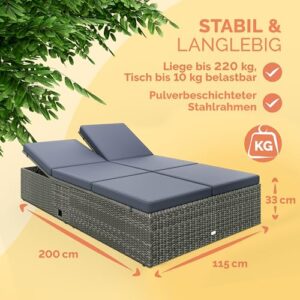 Alternative view of Casaria® Sonnenliege 2 Personen mit Klapptisch 7cm Auflagen Wetterfest Gartenliege 400kg Belastbar Gartenmöbel Liegestuhl Verstellbar Grau Anthrazit 200x115cm