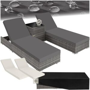 tectake® 2er Lounge Sonnenliegen Set Plus Tisch – inkl. 2 Bezugsets und Schutzhülle, Outdoor Poly Rattan Gartenmöbel Set, 2er Set - grau