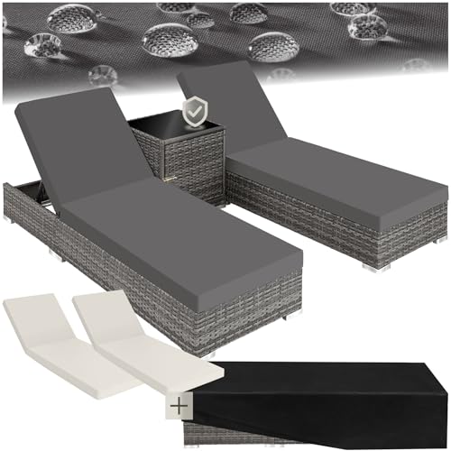 tectake® 2er Lounge Sonnenliegen Set Plus Tisch – inkl. 2 Bezugsets und Schutzhülle, Outdoor Poly Rattan Gartenmöbel Set, 2er Set - grau