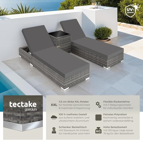 tectake® 2er Lounge Sonnenliegen Set Plus Tisch – inkl. 2 Bezugsets und Schutzhülle, Outdoor Poly Rattan Gartenmöbel Set, 2er Set - grau – Bild 4