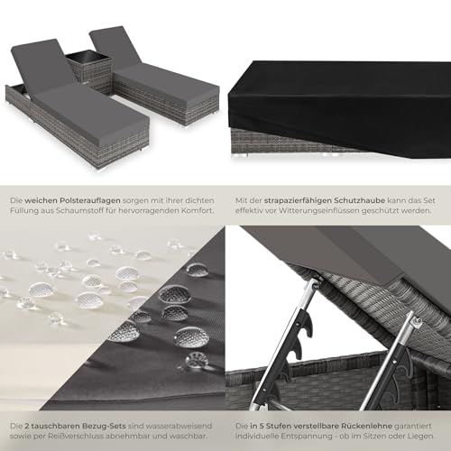 tectake® 2er Lounge Sonnenliegen Set Plus Tisch – inkl. 2 Bezugsets und Schutzhülle, Outdoor Poly Rattan Gartenmöbel Set, 2er Set - grau – Bild 8