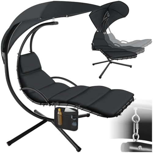 tectake® Hängeliege mit Gestell, Schwebeliege, Schwingliege mit Sonnendach, Schaukelliege, Hängesessel inkl. Tasche, Polsterauflage mit Kopfkissen, für Garten, Terrasse und Balkon - schwarz