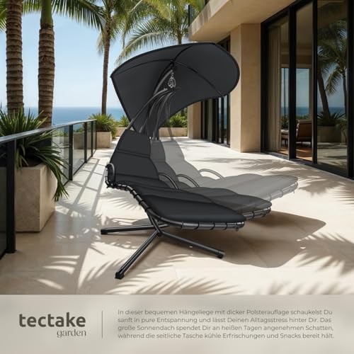 tectake® Hängeliege mit Gestell, Schwebeliege, Schwingliege mit Sonnendach, Schaukelliege, Hängesessel inkl. Tasche, Polsterauflage mit Kopfkissen, für Garten, Terrasse und Balkon - schwarz – Bild 2