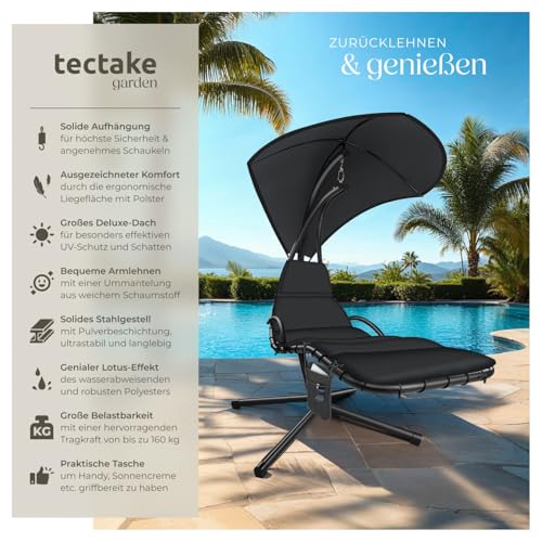 tectake® Hängeliege mit Gestell, Schwebeliege, Schwingliege mit Sonnendach, Schaukelliege, Hängesessel inkl. Tasche, Polsterauflage mit Kopfkissen, für Garten, Terrasse und Balkon - schwarz – Bild 4