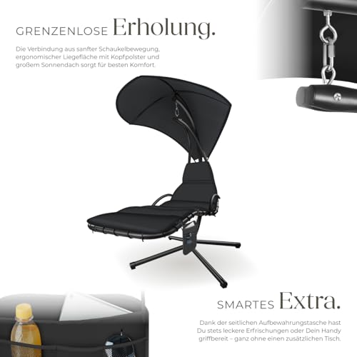 tectake® Hängeliege mit Gestell, Schwebeliege, Schwingliege mit Sonnendach, Schaukelliege, Hängesessel inkl. Tasche, Polsterauflage mit Kopfkissen, für Garten, Terrasse und Balkon - schwarz – Bild 5