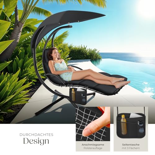 tectake® Hängeliege mit Gestell, Schwebeliege, Schwingliege mit Sonnendach, Schaukelliege, Hängesessel inkl. Tasche, Polsterauflage mit Kopfkissen, für Garten, Terrasse und Balkon - schwarz – Bild 6