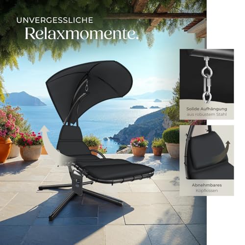 tectake® Hängeliege mit Gestell, Schwebeliege, Schwingliege mit Sonnendach, Schaukelliege, Hängesessel inkl. Tasche, Polsterauflage mit Kopfkissen, für Garten, Terrasse und Balkon - schwarz – Bild 8