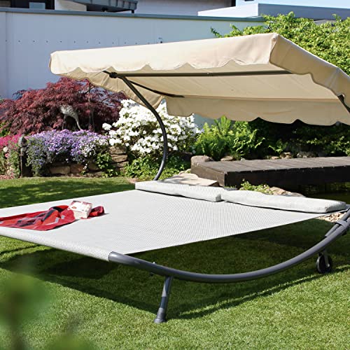 LECO Outdoor-Doppelliege Original – Sonnenliege, Gartenliege mit Sonnendach für zwei Personen wetterfest - Gestell natur – Bild 2