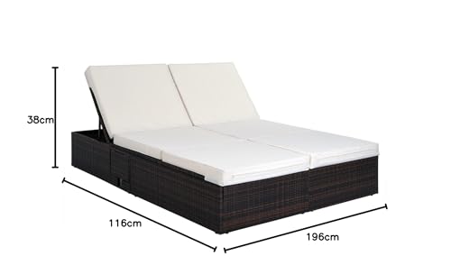 Casaria® Sonnenliege 2 Personen mit Klapptisch 7cm Auflagen Wetterfest Gartenliege 400kg Belastbar Liegestuhl Verstellbar Braun Creme 196x116cm – Bild 3