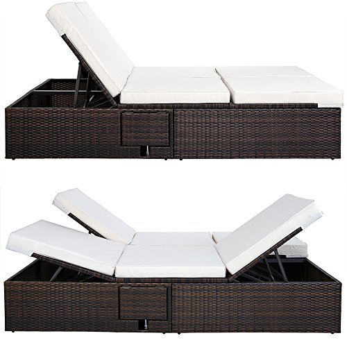 Casaria® Sonnenliege 2 Personen mit Klapptisch 7cm Auflagen Wetterfest Gartenliege 400kg Belastbar Liegestuhl Verstellbar Braun Creme 196x116cm – Bild 5