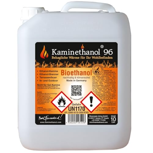 Kaminethanol Icking 120 Liter Bioethanol 96,6% (12 x 10 L) Premium Qualität - direkt vom Hersteller für Ethanol Kamine, Alkohol-Brenner, Terrasenfeuer, Raumfeuer und Gartenfackeln